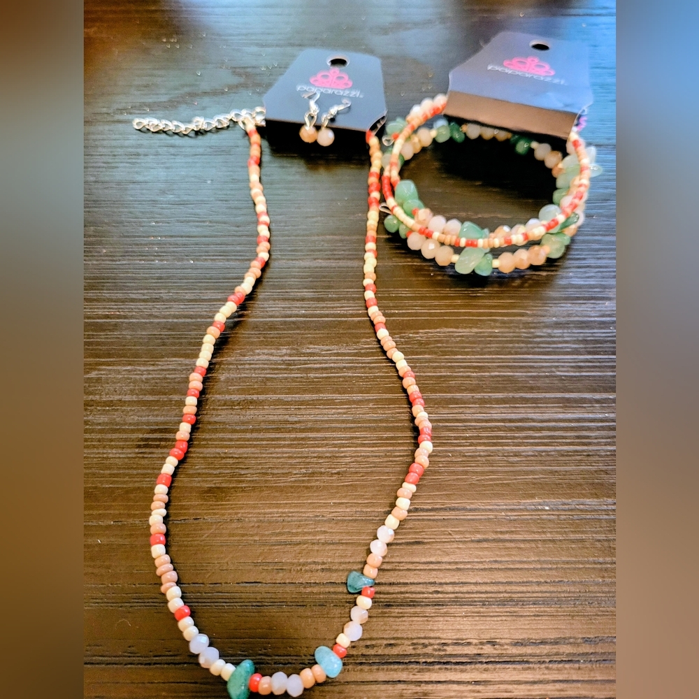 Colorful Beaded Jewelry Set Necklace And Coil Bracelet